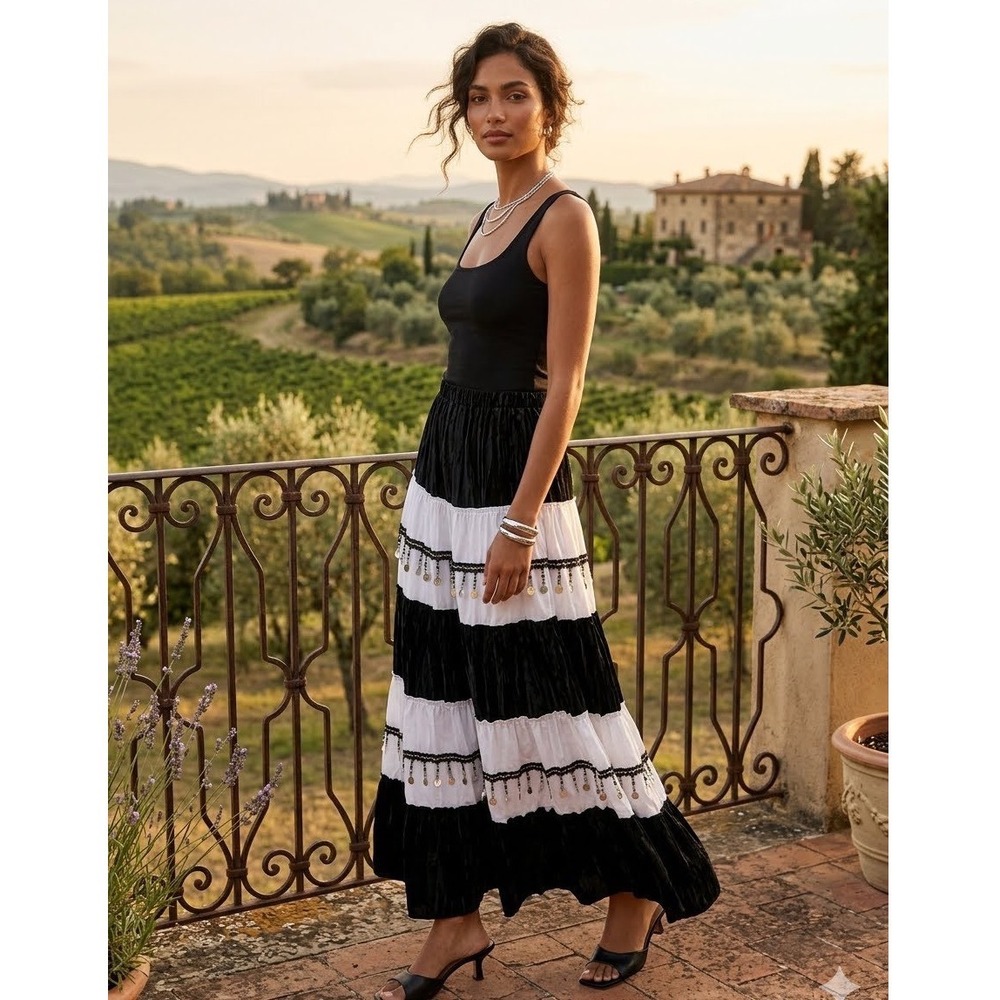 Boho Tiered Maxi Skirt Black White Coin Charm Embellished Crushed Satin Look
